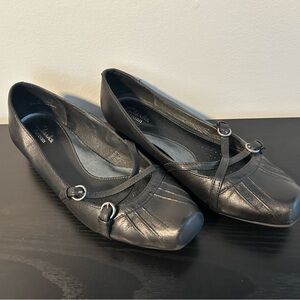 Clarks Artisan Black Leather Flats with Buckle Detail